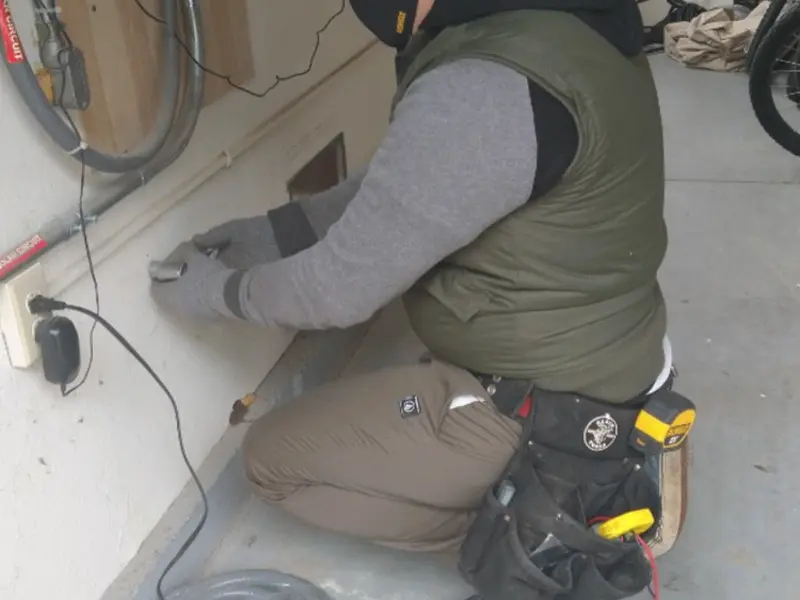 Electrician performing outlet wiring in a Douglass garage
